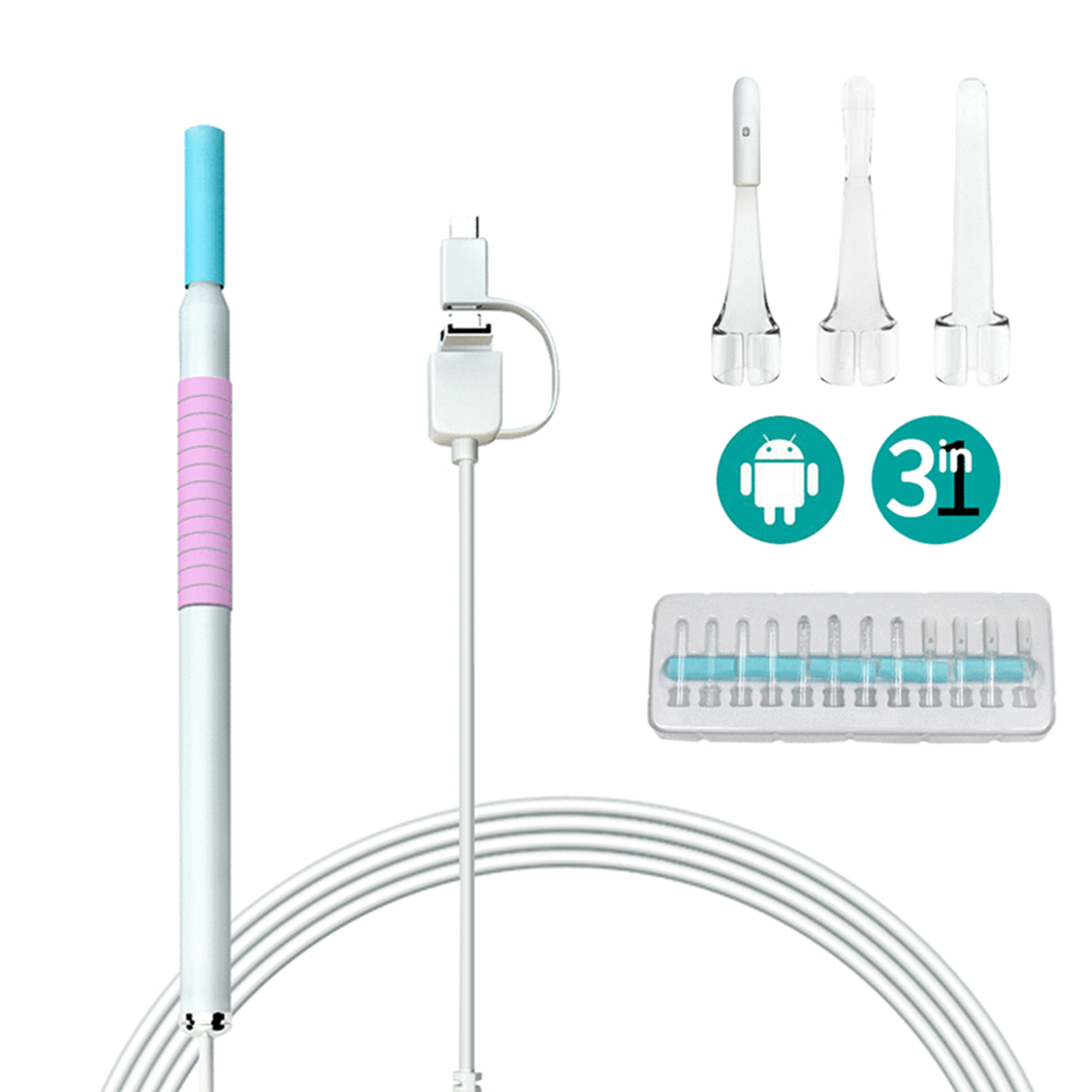 Medizinisches Gerät mit Spitzen, USB-Kabel und Zubehör. Merkmale: Weiß, Rosa und Blau.