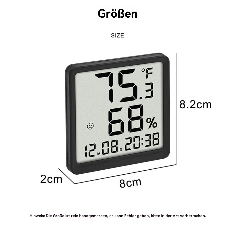 Ein kleines, schwarzes digitales Thermometer mit Größenangaben. Es zeigt Temperatur und Luftfeuchtigkeit an.