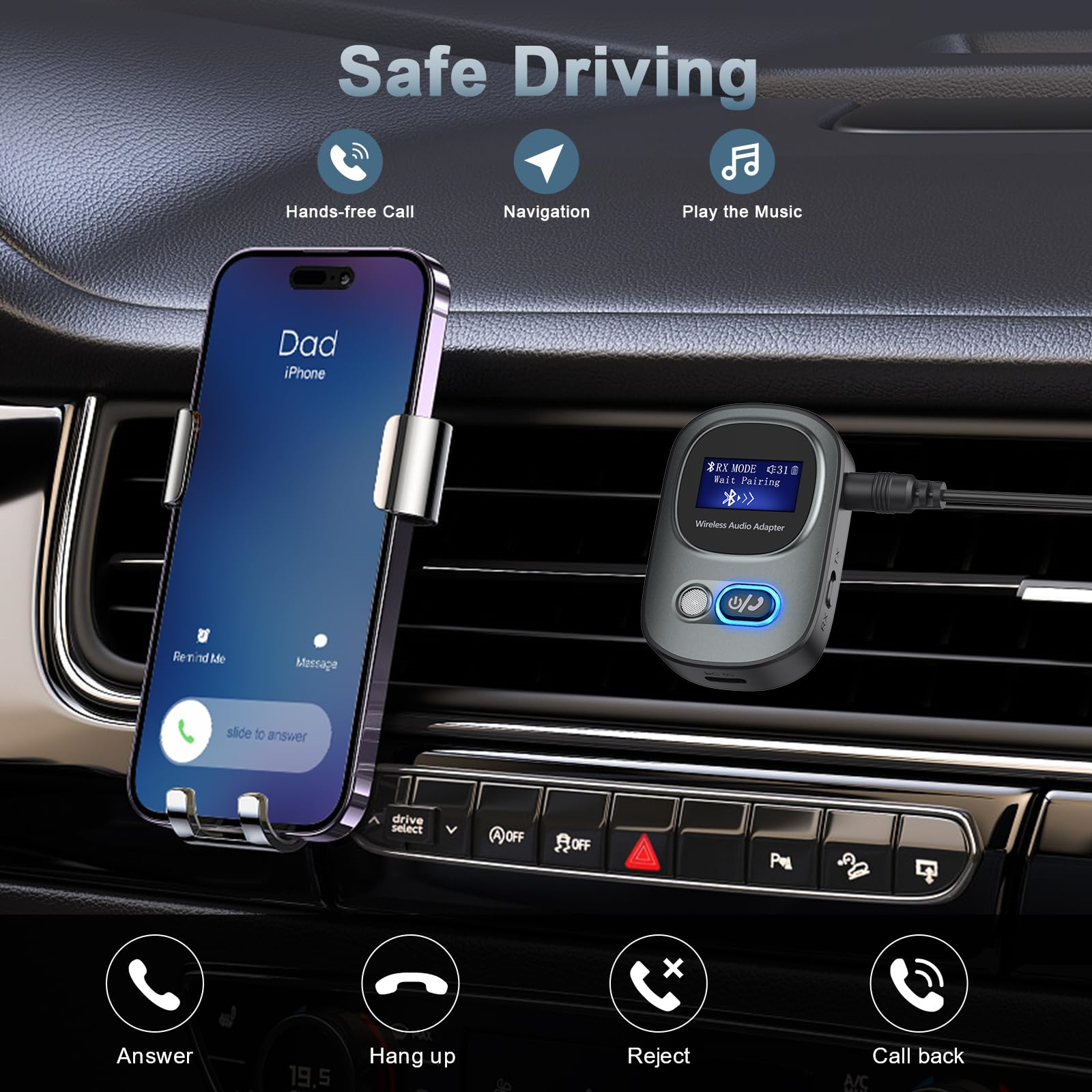 Auto-Armaturenbrett mit Telefonhalterung, Bluetooth-Adapter und Symbolen für sichere Fahrfunktionen.