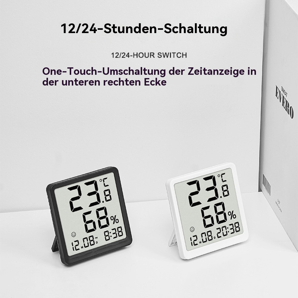 Zwei Digitaluhren mit Zeit und Temperatur, schwarz und weiß.