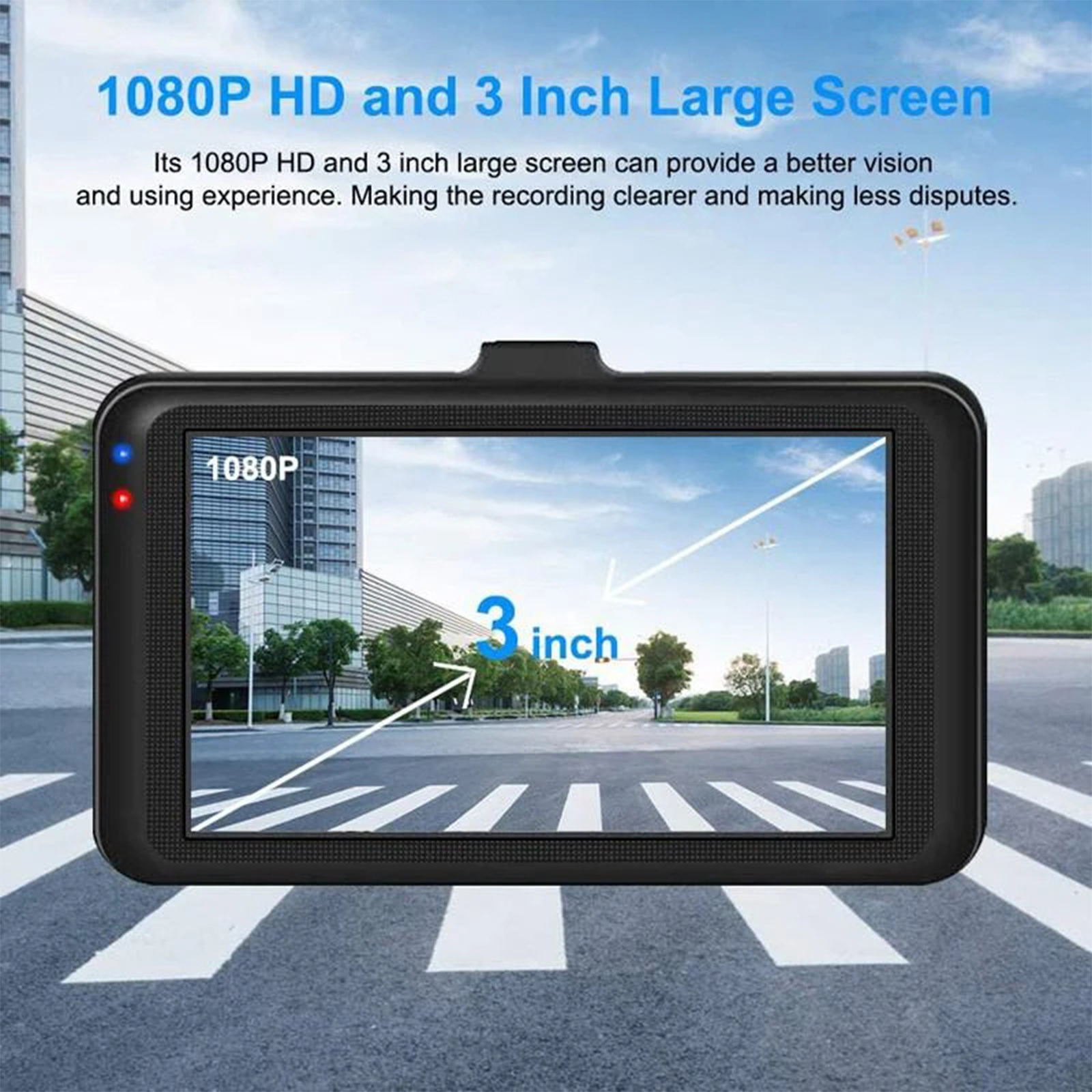 Schwarze Dashcam mit 3-Zoll-Bildschirm, zeigt eine Straßenszene und Text, der 1080P HD-Auflösung angibt.
