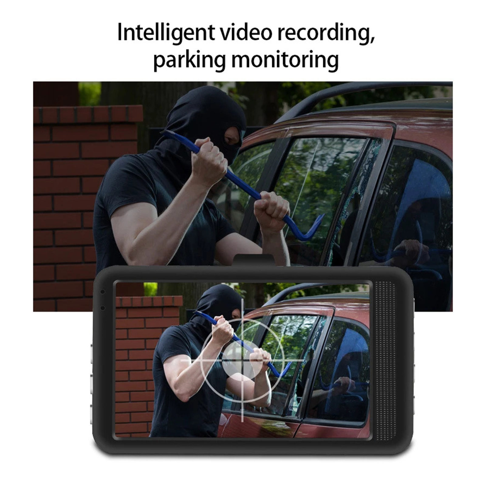 Ein Monitor, der einen Autoeinbruch zeigt. Eine Person mit Maske benutzt ein Brecheisen.