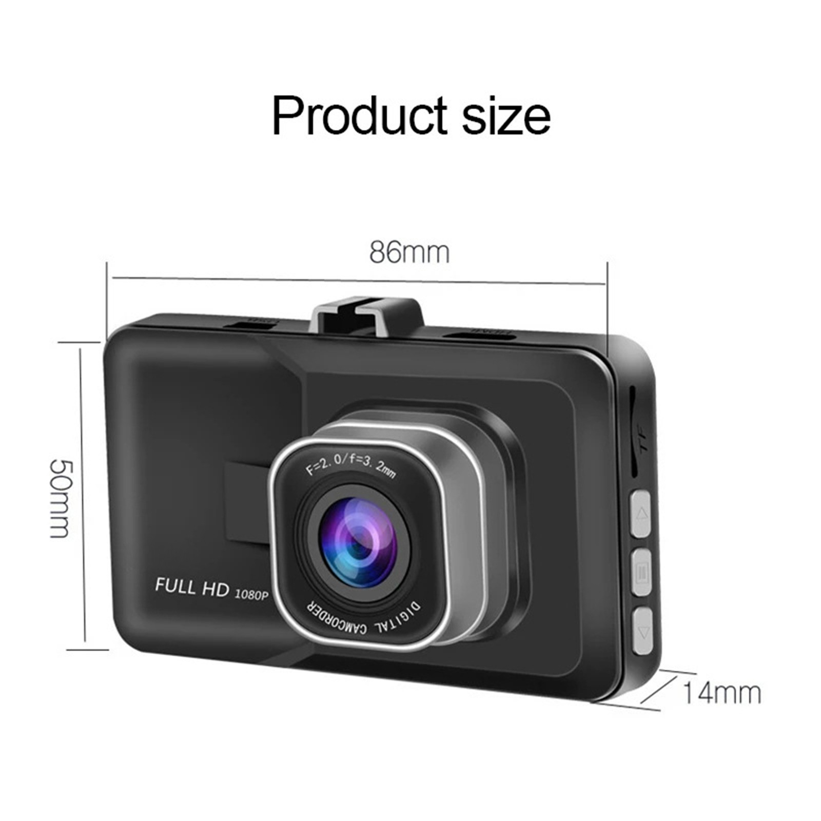 Ein schwarzer Dashcam mit Abmessungen. Es hat ein Objektiv, einen Bildschirm und Tasten. Der Text lautet 'Produktgröße'.