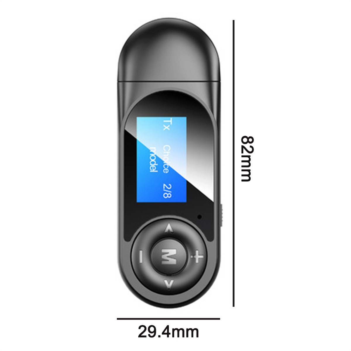 Ein schwarzer Bluetooth-Empfänger mit kleinem Bildschirm und Tasten. Er hat die Maße 82x29,4 mm.