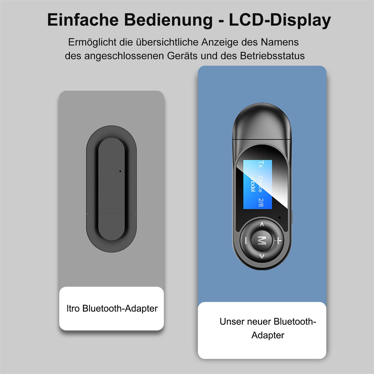 Bluetooth-Adapter mit Textbeschriftungen und einem Bildschirm, mit einem grauen Platzhalter links.