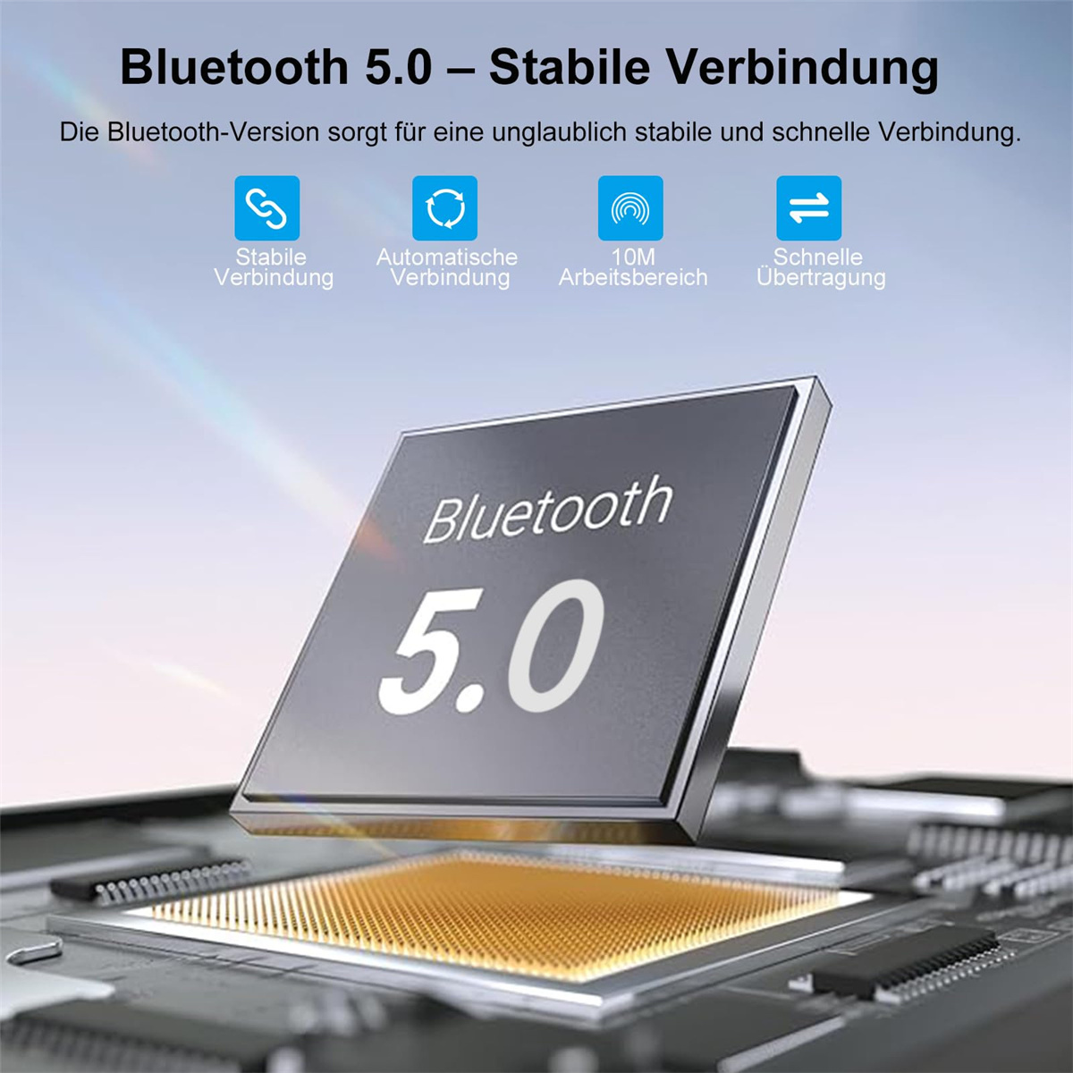 Bluetooth 5.0 Chip, Symbole für stabil, automatisch, 10m Reichweite und schneller Transfer.