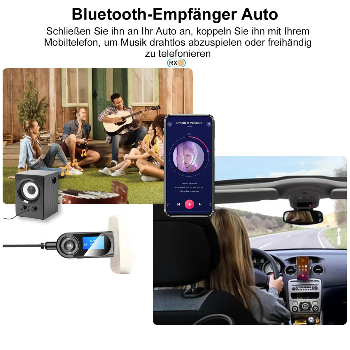 Bluetooth-Empfänger für ein Auto, mit Telefon, das Musik auf dem Armaturenbrett anzeigt.