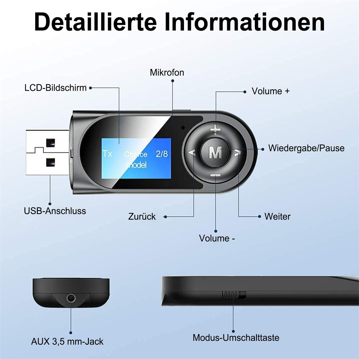 Schwarzes USB-Gadget mit Bildschirm und Tasten. Zeigt USB-, AUX- und Steuertasten. Detaillierte Ansicht.