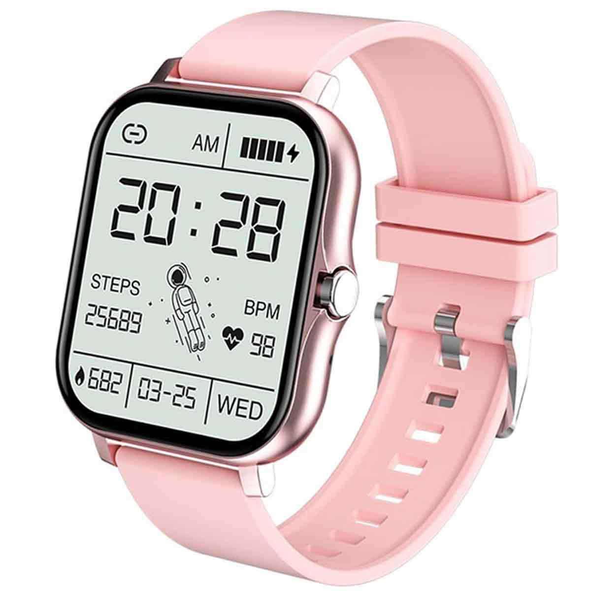 Rosafarbene Smartwatch mit Display, das Zeit, Schritte, BPM und Datum anzeigt, und rosa Armband.