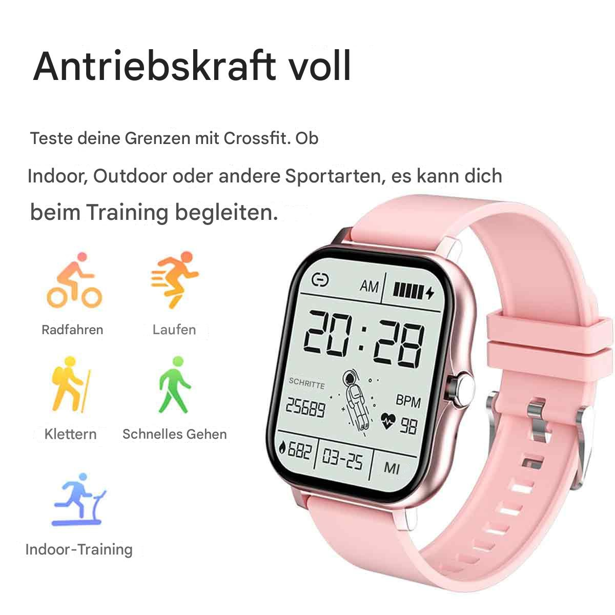 Rosa Smartwatch mit Zeit, Schritten und Herzfrequenz. Icons für Laufen, Radfahren und andere Aktivitäten.