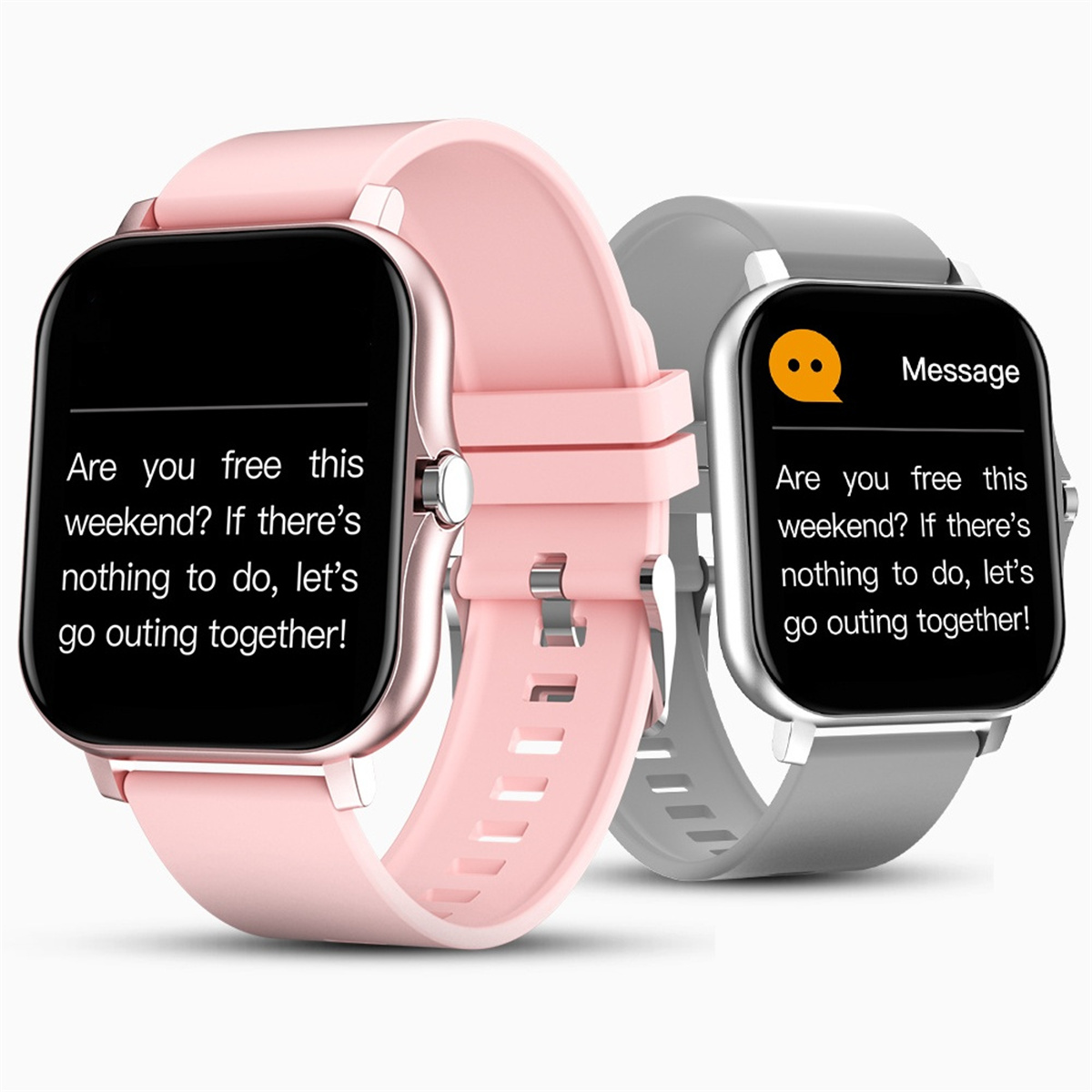 Zwei Smartwatches, pink und grau, mit Textnachrichten auf den Bildschirmen.
