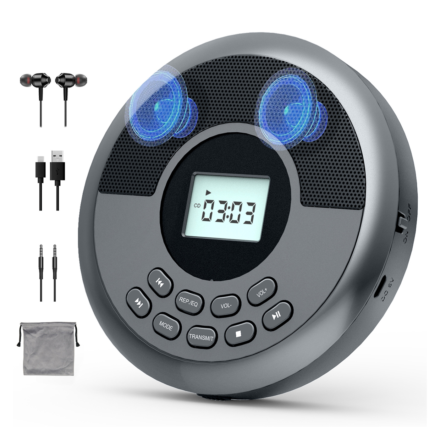Ein grauer tragbarer CD-Player mit Zubehör: Kopfhörer, Kabel und eine Tasche.