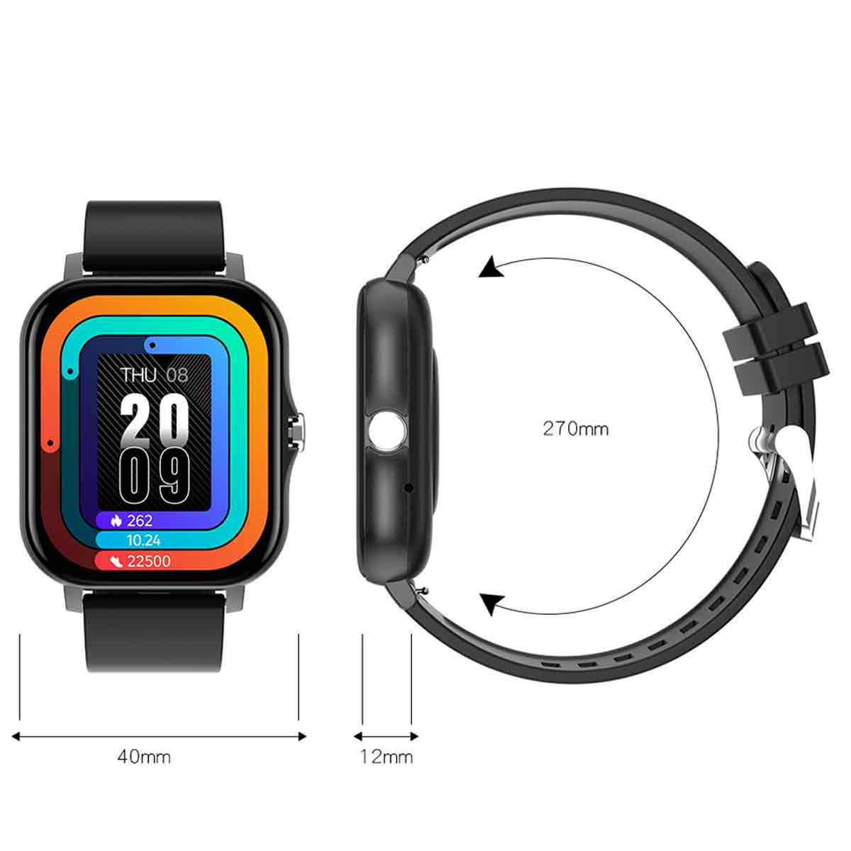 Schwarze Smartwatch, die Zeit und Gesundheitsmetriken anzeigt, mit Dimensionsmessungen.