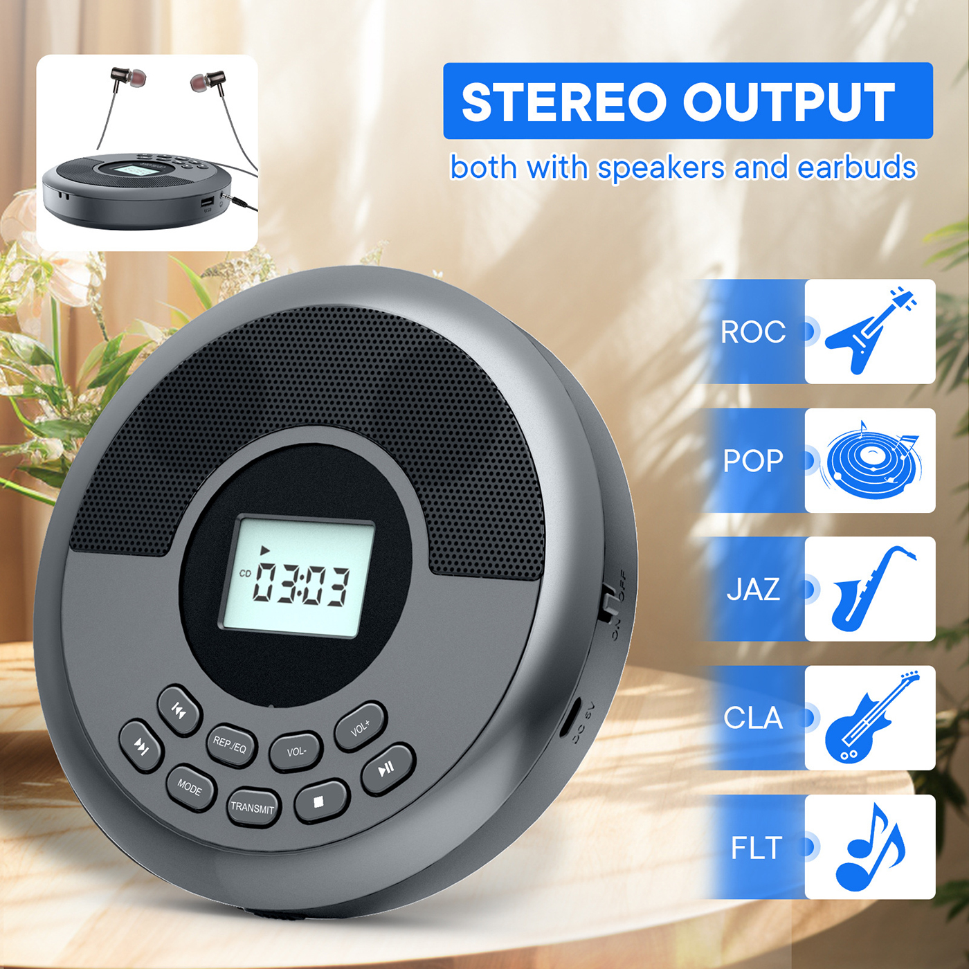 Tragbarer CD-Player mit Anzeige 03:03. Inklusive Ohrhörer und Musikgenre-Icons.