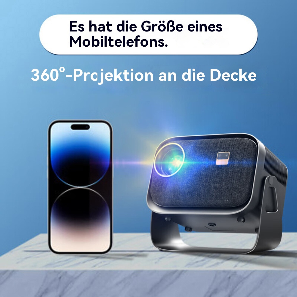 Ein Projektor und ein Smartphone. Sprechblase sagt: 'Es ist so groß wie ein Mobiltelefon'.