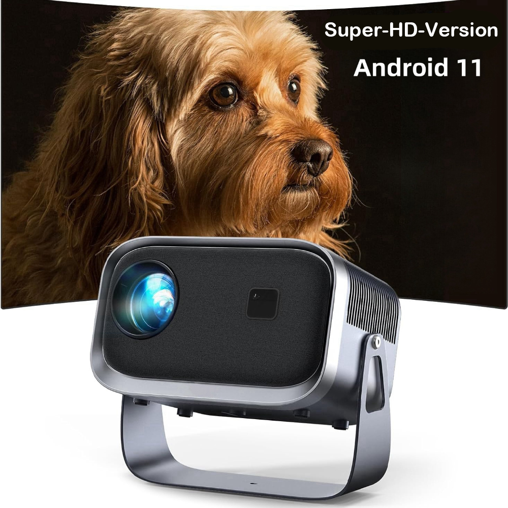 Ein Projektor mit Hundebild auf dem Bildschirm, mit Text: Super-HD-Version Android 11.