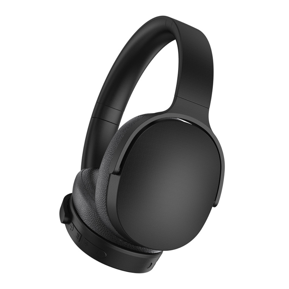 Schwarze Kopfhörer. Over-Ear-Design, gebogener Kopfbügel, Knöpfe an der Seite. Weißer Hintergrund.