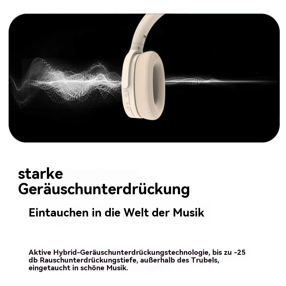 Beige Kopfhörer mit Geräuschunterdrückung, Schallwellen auf der linken Seite.