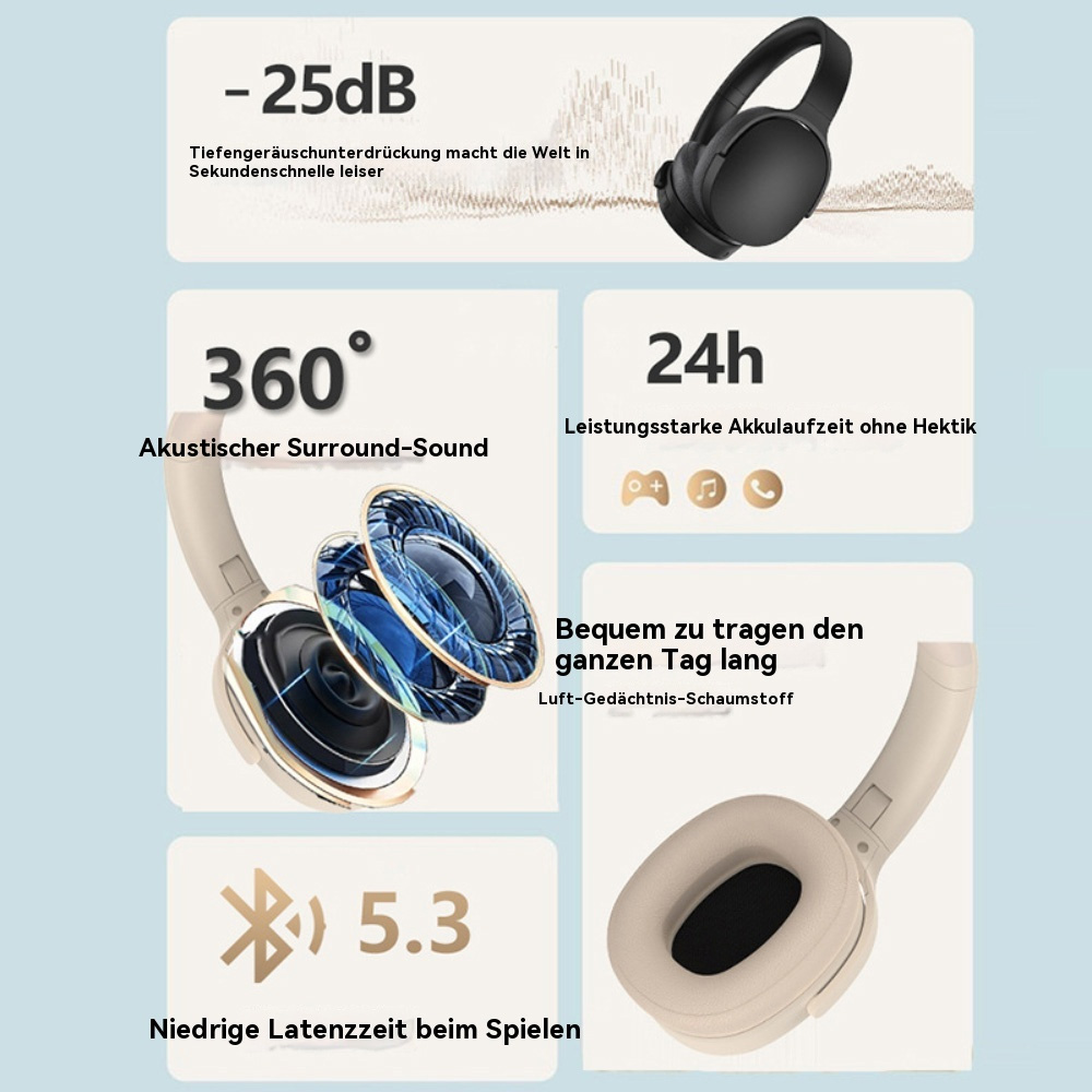 Kabellose Kopfhörer mit Infografiken, beiges Farbschema, weißer Hintergrund.