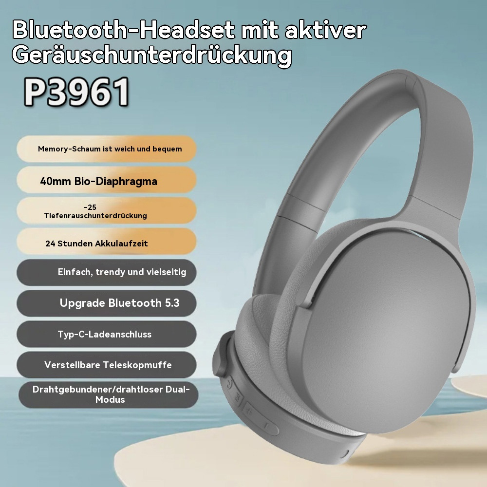 Ein graues drahtloses Headset mit Text, der seine Funktionen beschreibt, einschließlich Geräuschreduzierung.