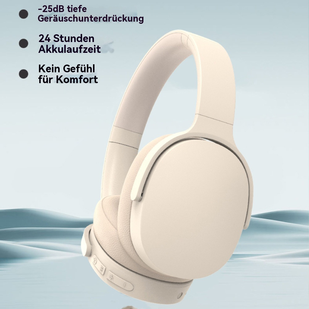 Beige kabellose Kopfhörer mit Textbeschriftungen. Drei Aufzählungspunkte weisen auf Geräuschunterdrückung, Akkulaufzeit und Komfort hin.
