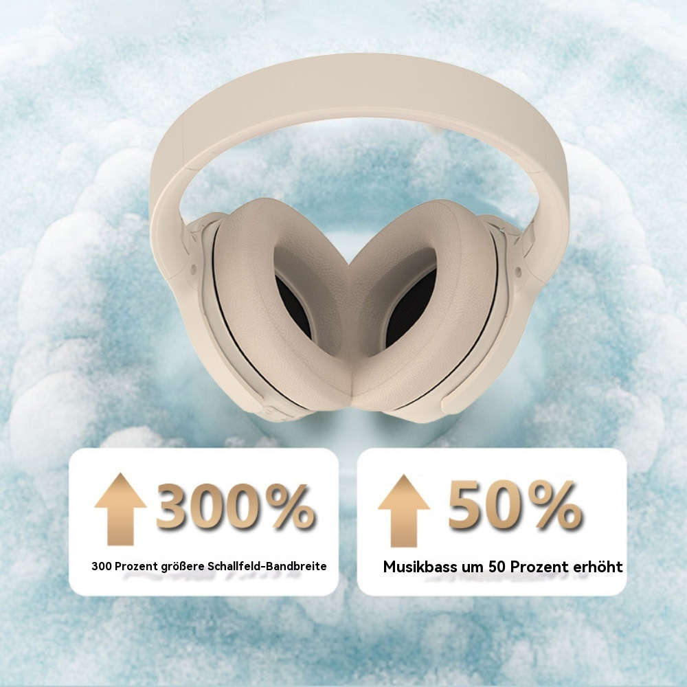 Beige Kopfhörer mit Text, der eine Zunahme von 300 % und 50 % angibt.
