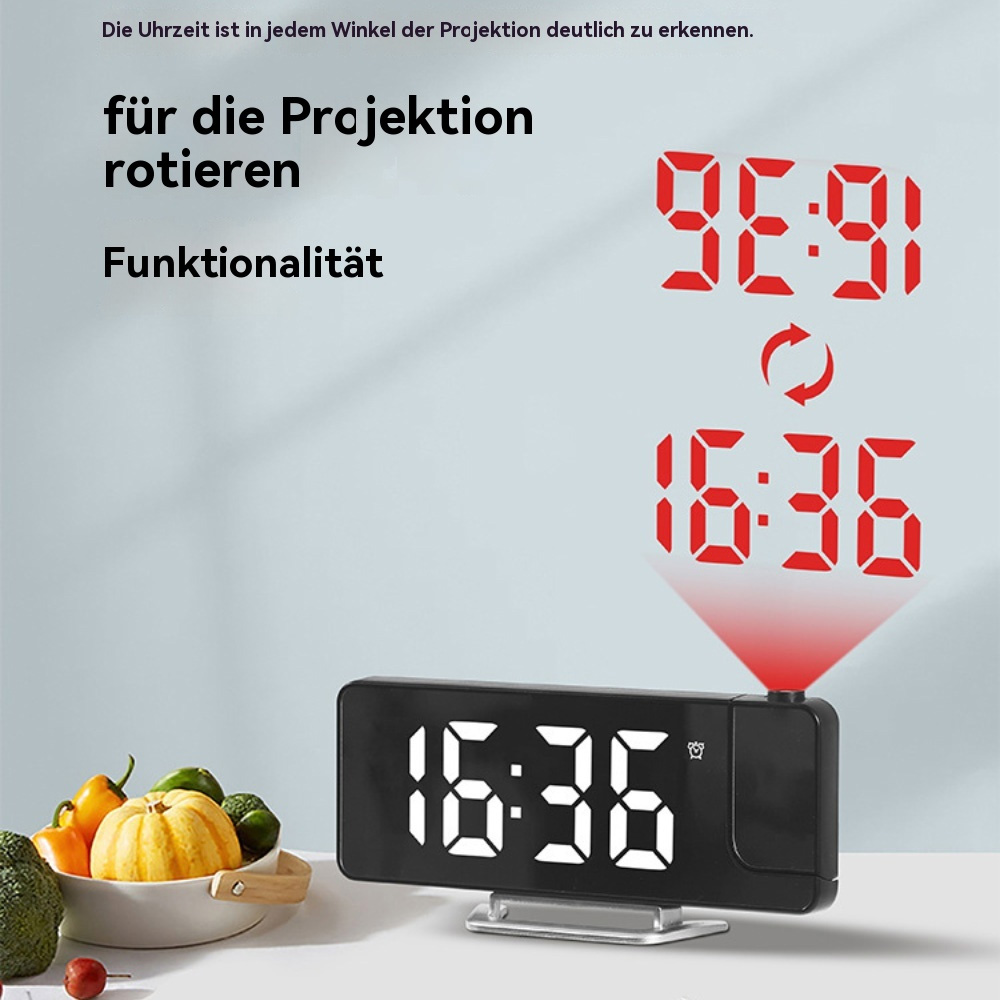 Schwarze Digitaluhr mit roten Ziffern. Die Uhr zeigt die Zeit an und projiziert sie an die Wand.