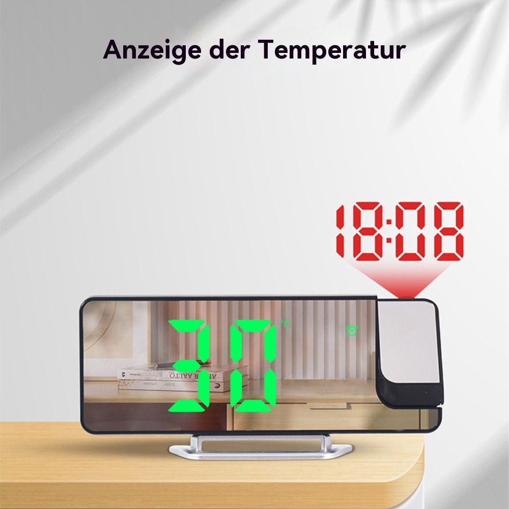 Digitaluhr mit roter Anzeige, mit Projektion auf Holzoberfläche.