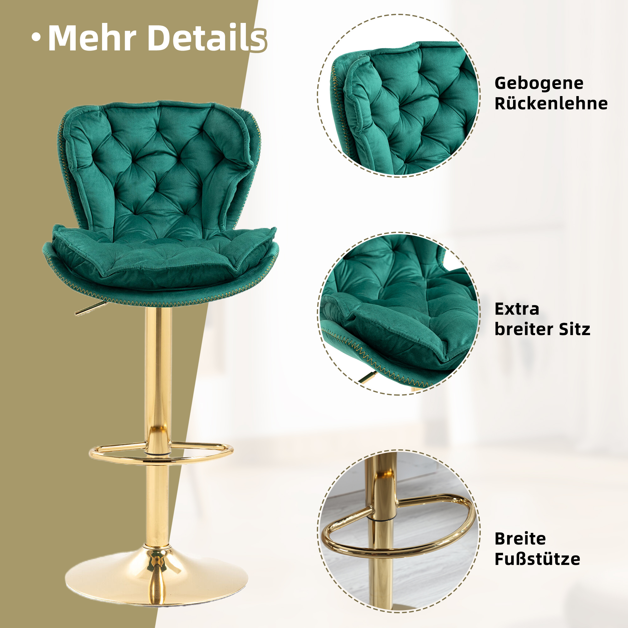 Grüner Samt-Barhocker mit goldener Basis und Fußstütze, Nahaufnahmen der Details.