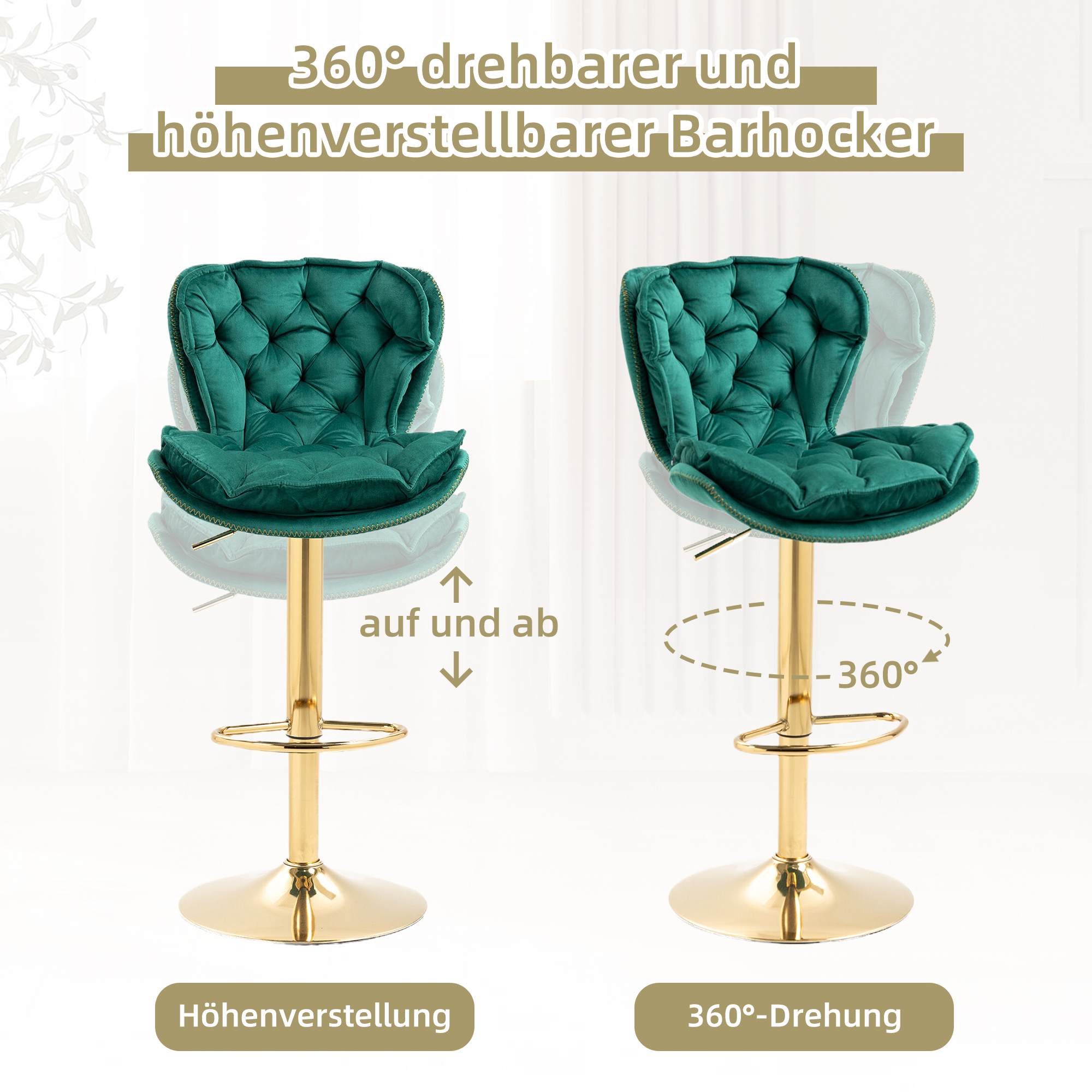 Zwei grüne Barhocker mit goldenen Basen, die Höhen- und Drehverstellungen zeigen.