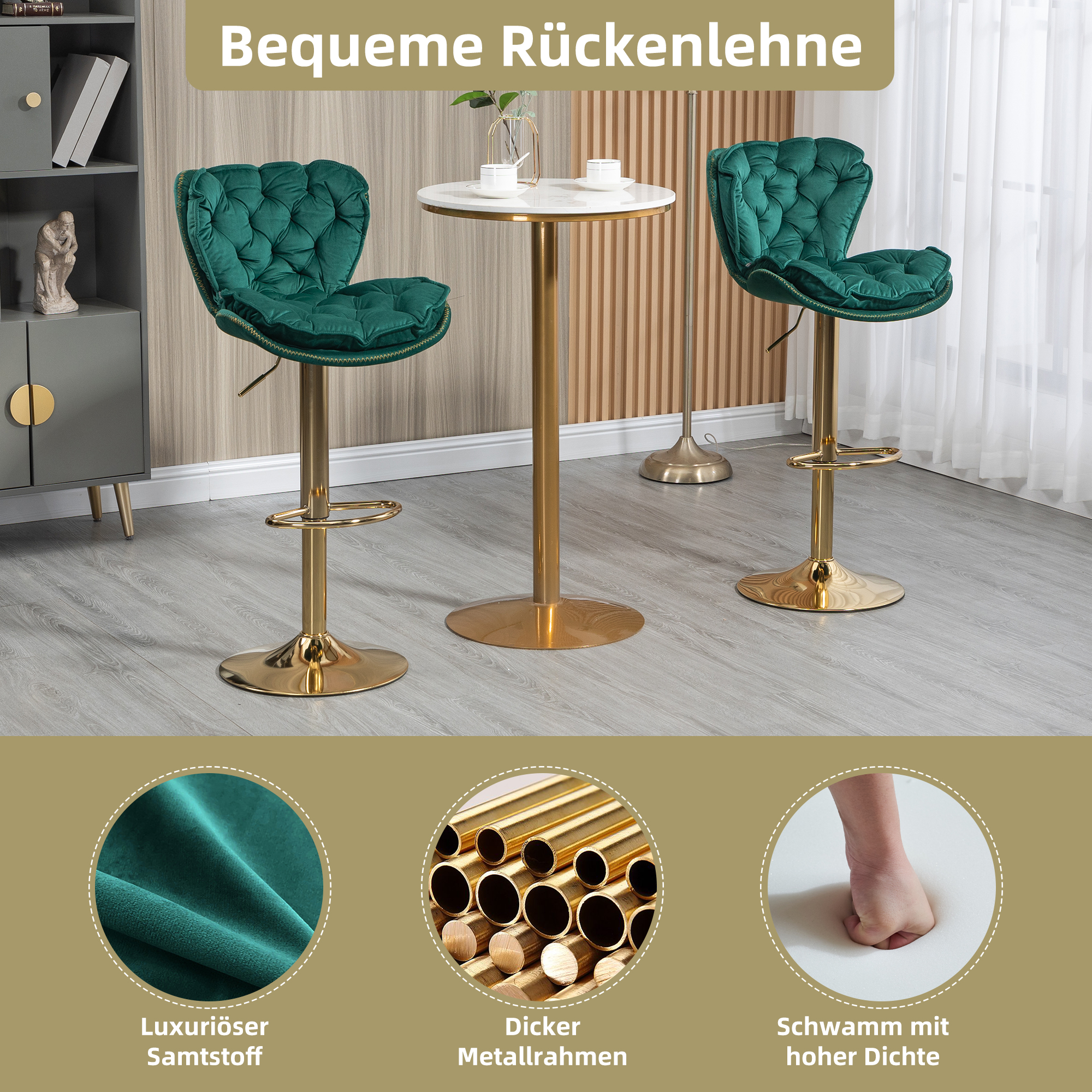 Zwei grüne Samtstühle und ein Tisch. Text darunter: luxuriöser Samt, dicker Metallrahmen, Schwamm.
