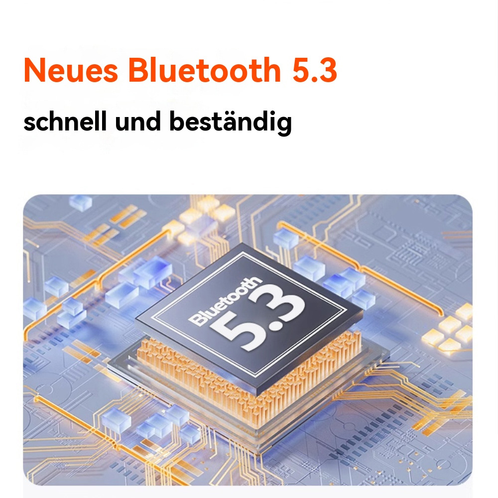 Bild zeigt eine Platine mit einem Bluetooth 5.3 Chip. Text sagt: 'Neues Bluetooth 5.3 schnell und beständig'.