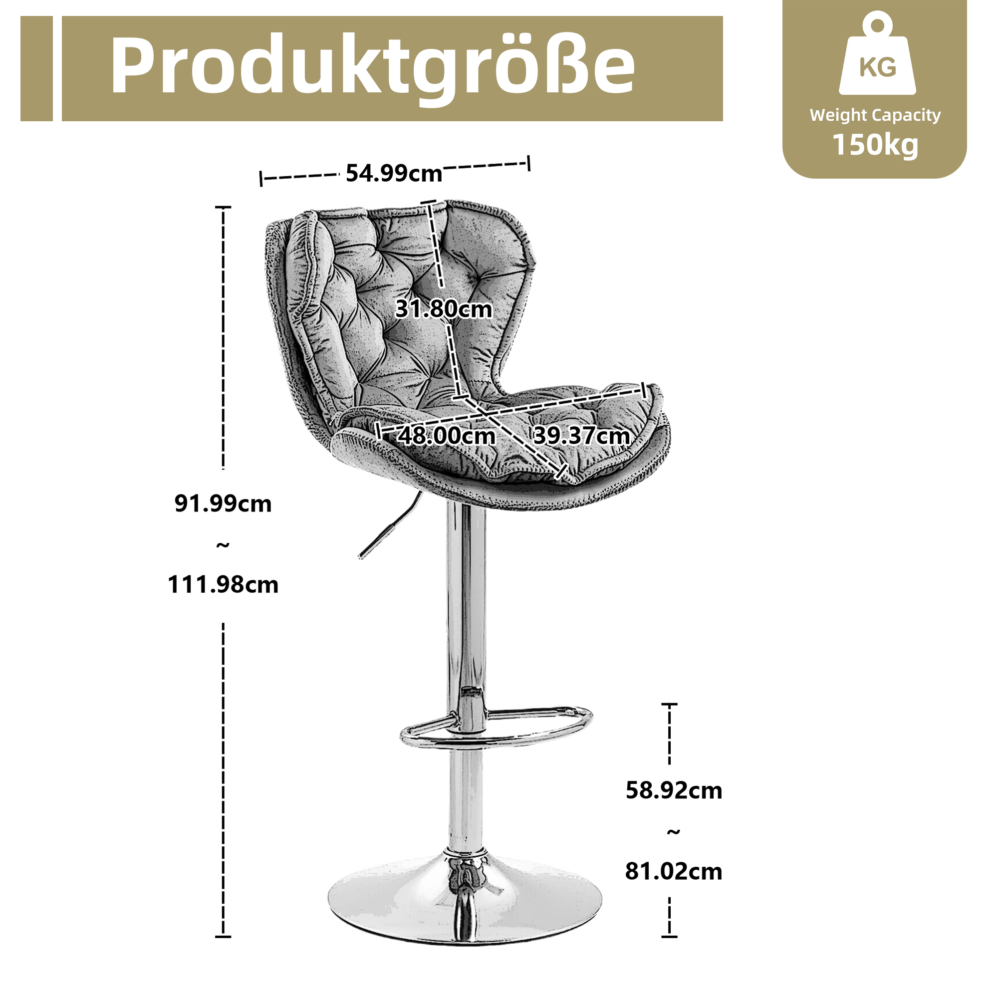 Barhocker mit grauem Kissen, Chromfuß und Maßen in cm, mit Gewichtsangabe.