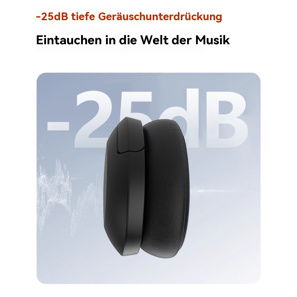 Ein Paar schwarze Kopfhörer, Seitenansicht. Der Text auf dem Bild besagt -25dB Geräuschreduzierung.