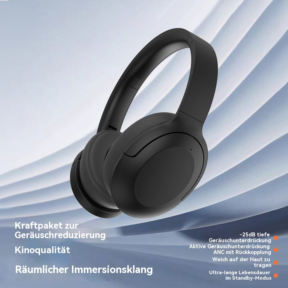 Ein Paar schwarze Kopfhörer mit Text, der wichtige Funktionen auf weißem Hintergrund beschreibt.