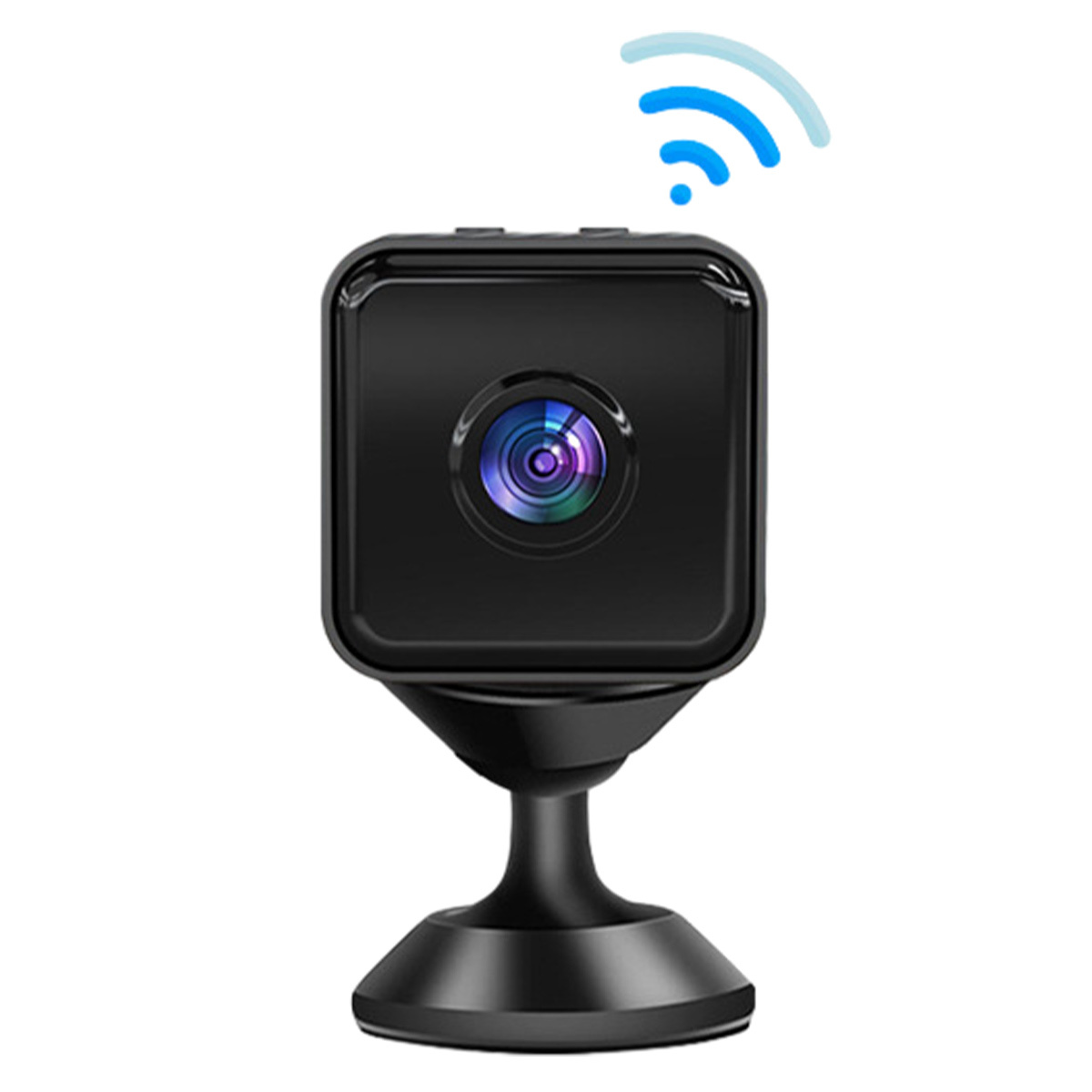 Kleine schwarze kabellose Kamera mit WLAN-Symbol auf einem schwarzen Ständer.