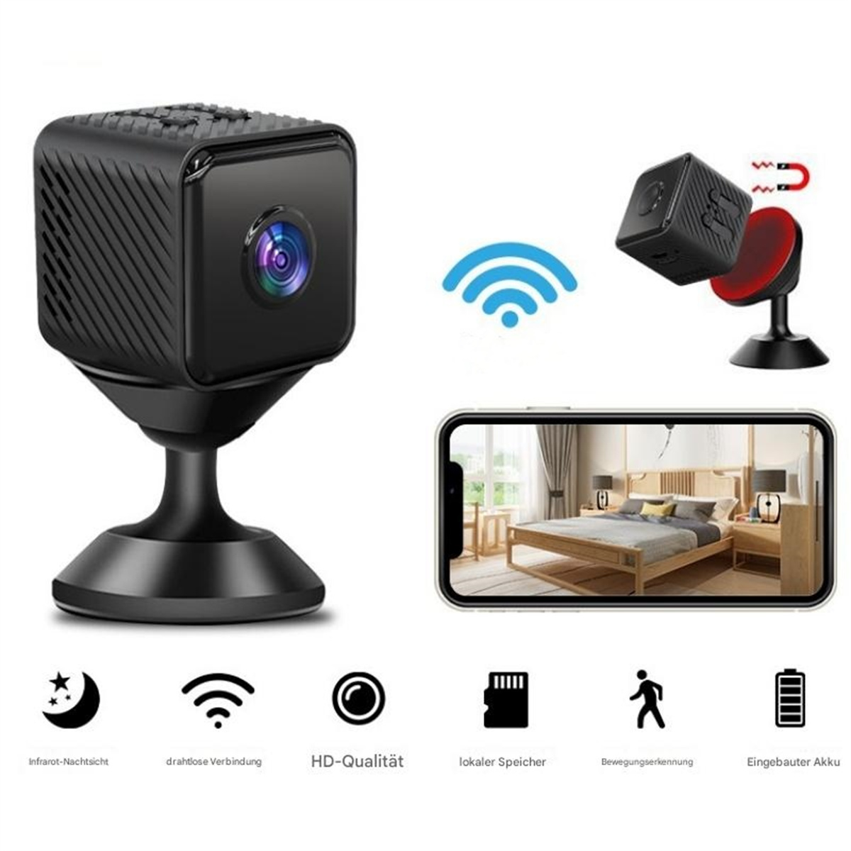 Schwarze Überwachungskamera mit Ständer, WLAN-Signal und Telefon, das einen Raum zeigt. Funktionssymbole.