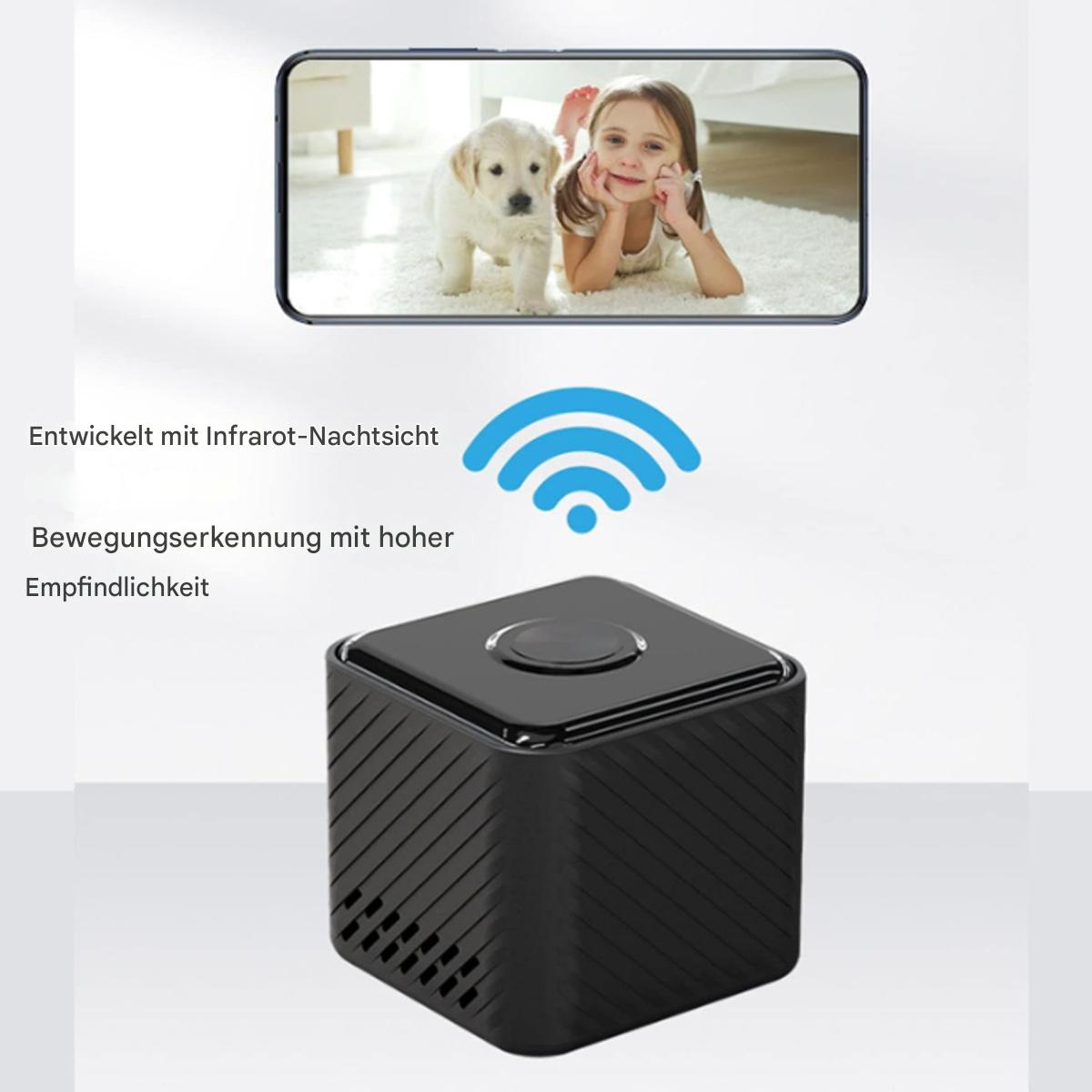 Schwarze würfelförmige Sicherheitskamera mit Live-Bildschirmansicht und WLAN-Symbol.