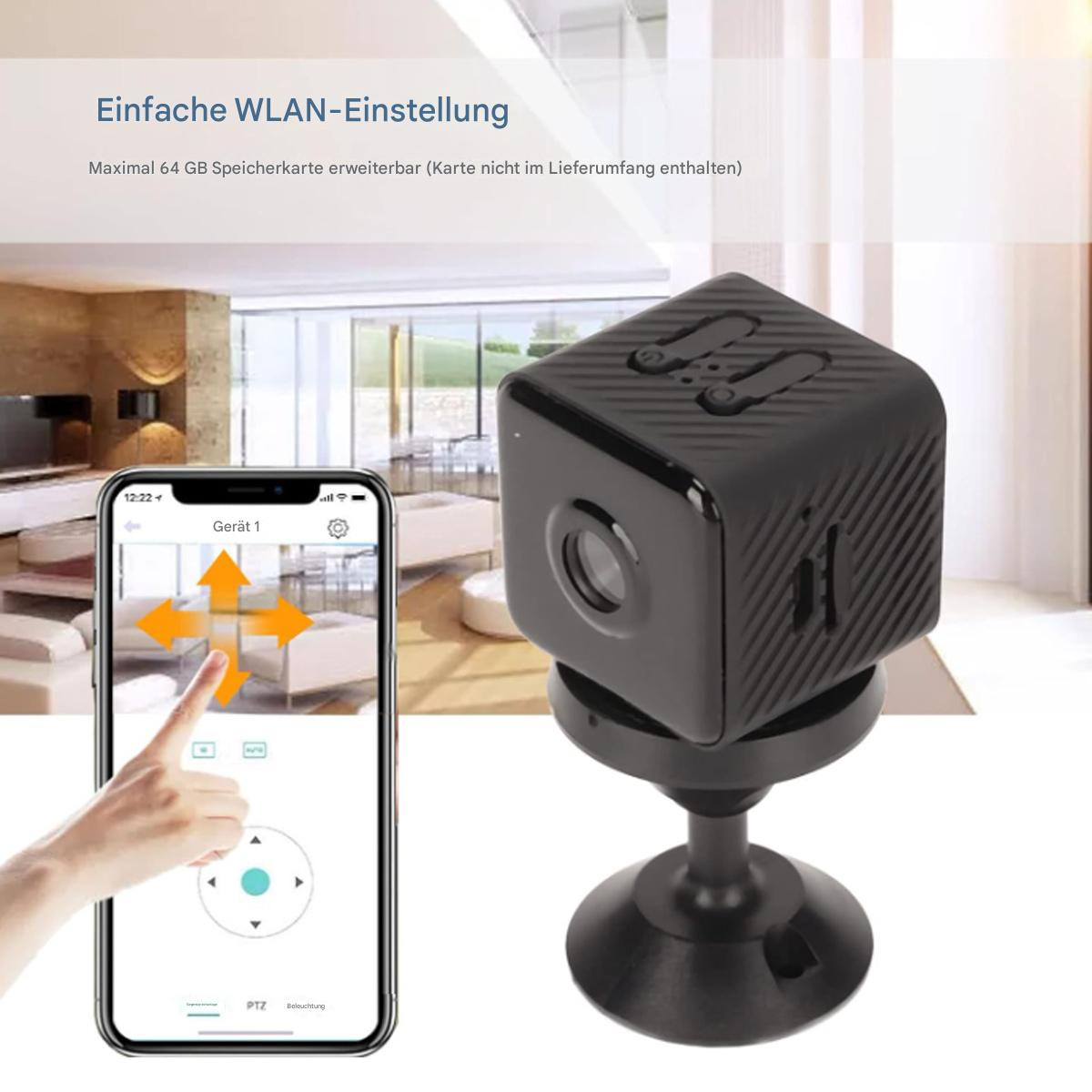 Schwarze Minikamera auf einem Ständer, mit Telefon, das Steuerungsoberfläche zeigt, und Text: Einfache WLAN-Einstellung.