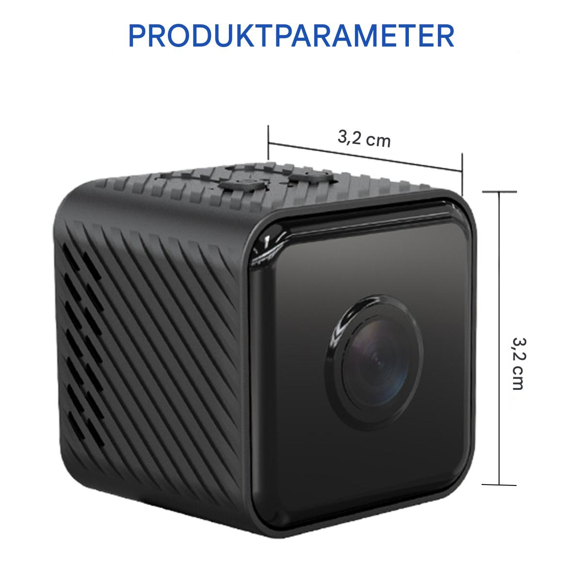 Ein schwarzes, quadratisches Gerät mit Abmessungen in Zentimetern wird gezeigt. Der Produktparameter ist ebenfalls oben sichtbar.