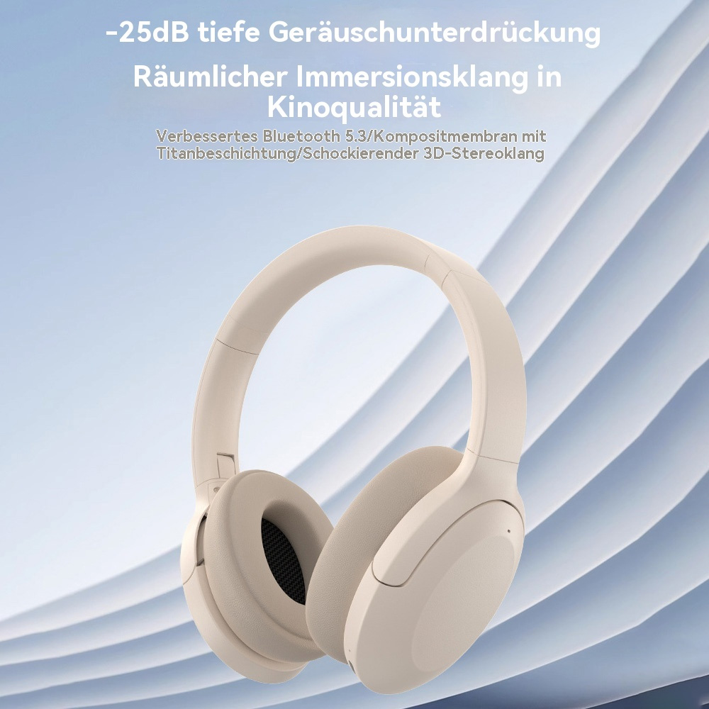 Beige kabellose Kopfhörer mit sauberem Design. Text im Hintergrund beschreibt Geräuschunterdrückung.