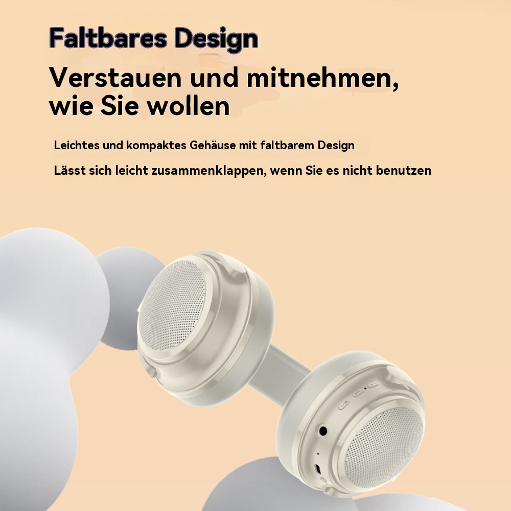 Faltbare Kopfhörer, weiß mit Mesh, sind gefaltet. Text beschreibt faltbares Design, kompakte Größe.
