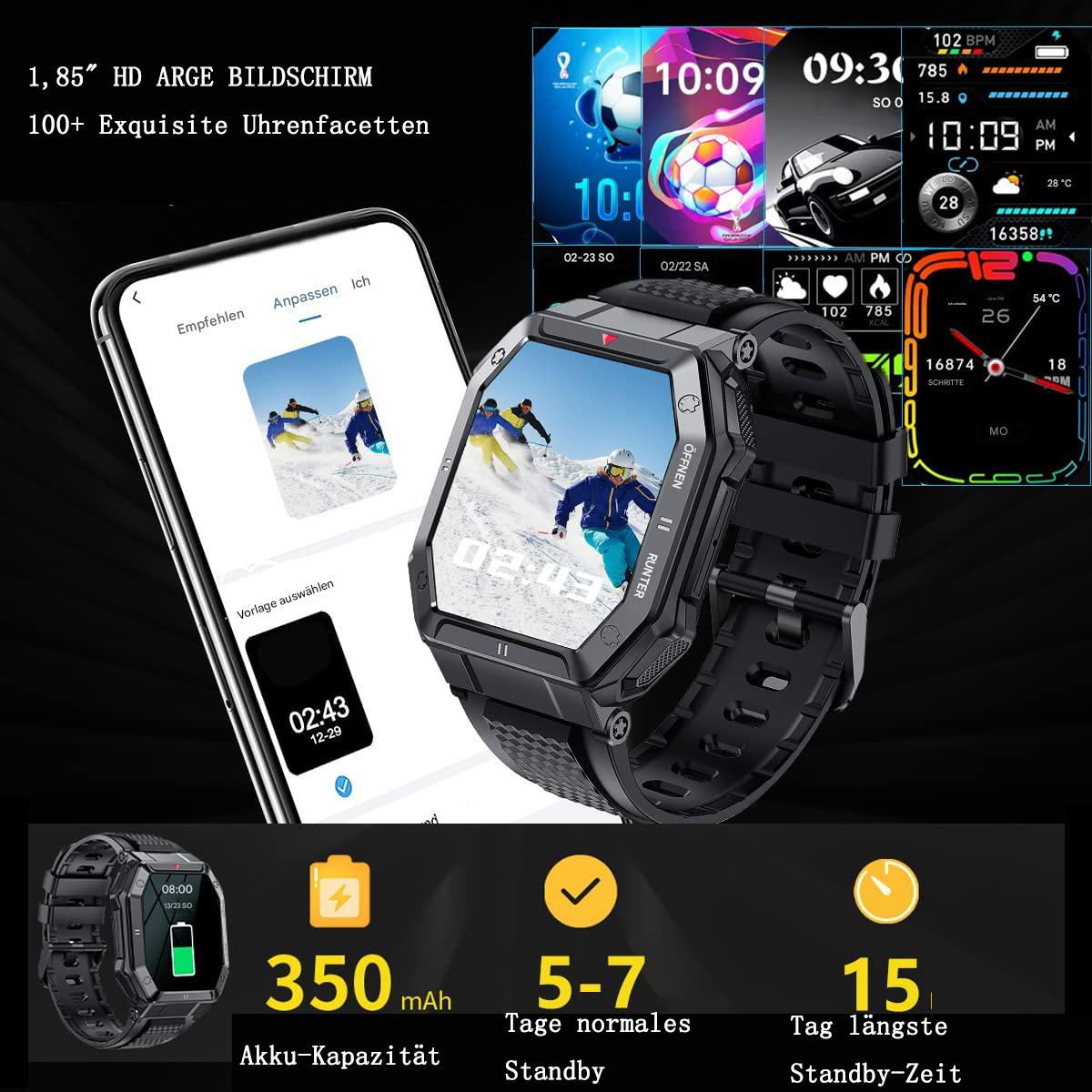 Smartwatch mit schwarzem Armband. Zeigt verschiedene Oberflächen. Ein Telefon daneben.