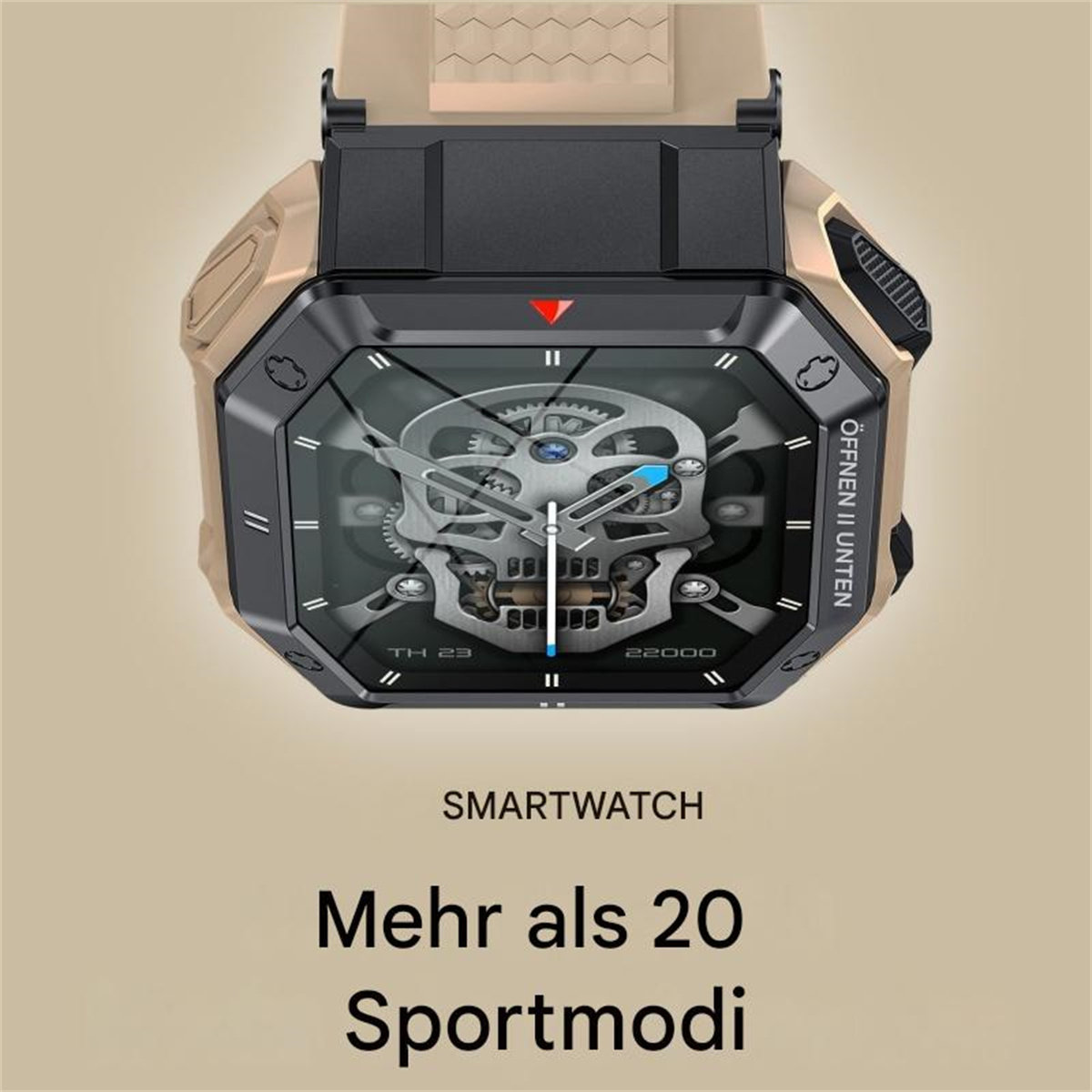Smartwatch mit Totenkopf-Design. Text unten: 'Mehr als 20 Sportmodi'.