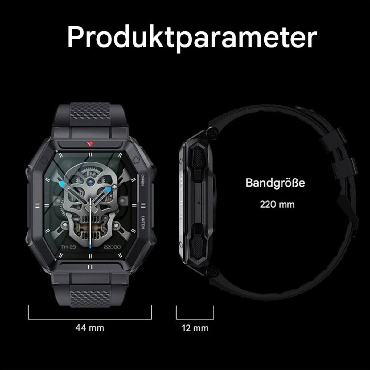 Eine schwarze Smartwatch mit Totenkopf-Design auf dem Bildschirm und Messungen. Die Uhr liegt auf schwarzem Untergrund.