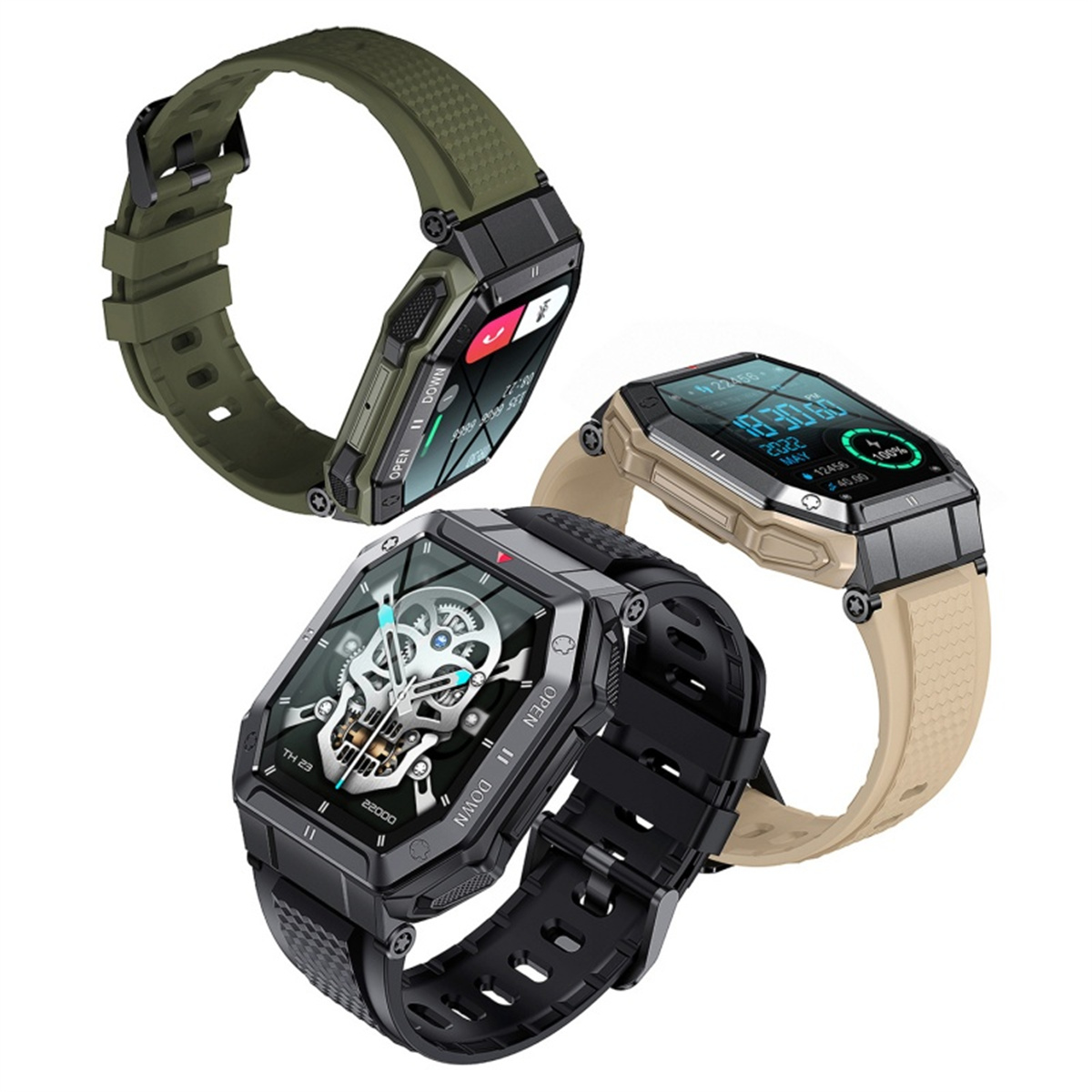 Drei Smartwatches mit verschiedenen Armbändern, alle mit modernem Design.