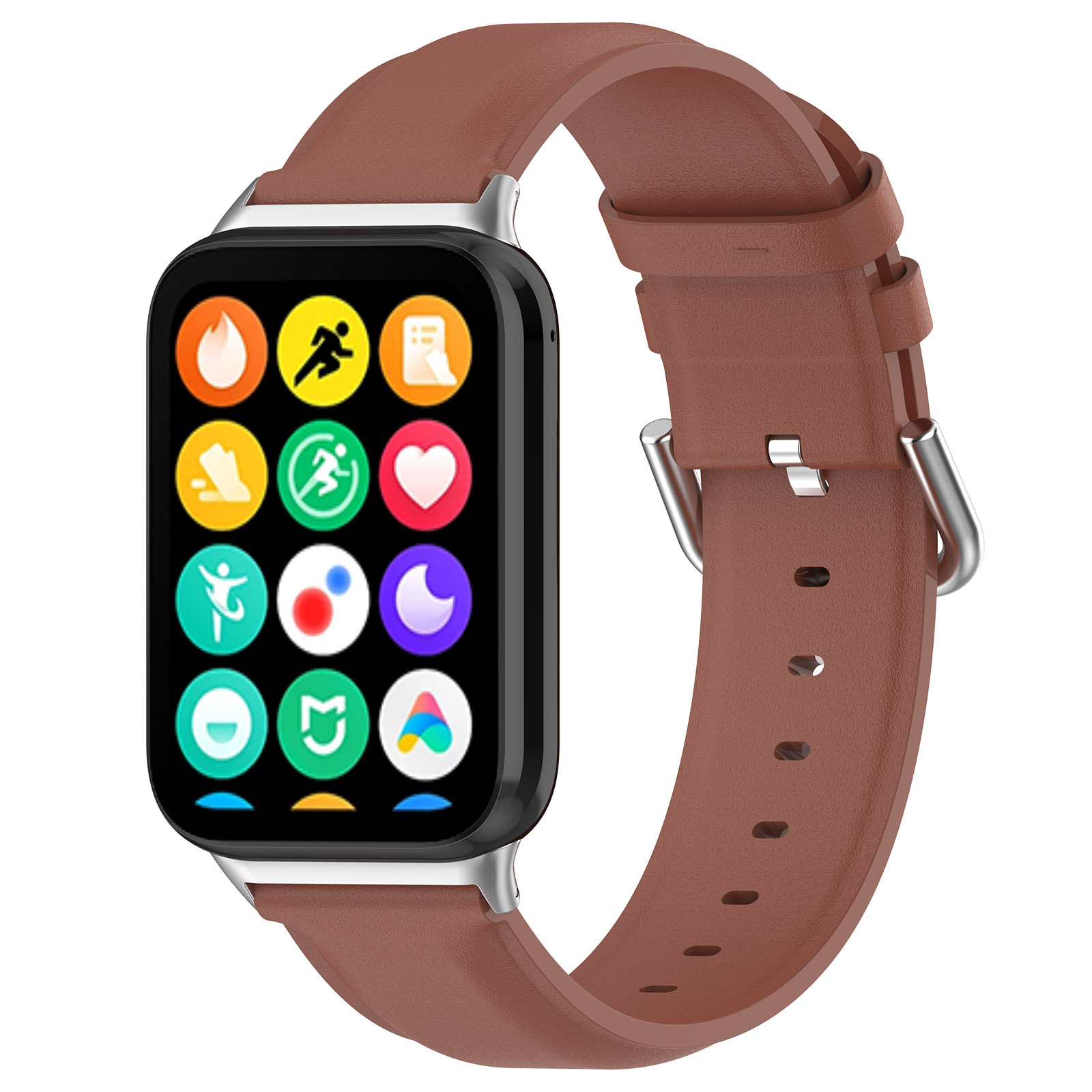 Smartwatch mit braunem Lederarmband und schwarzem Bildschirm mit bunten App-Symbolen.