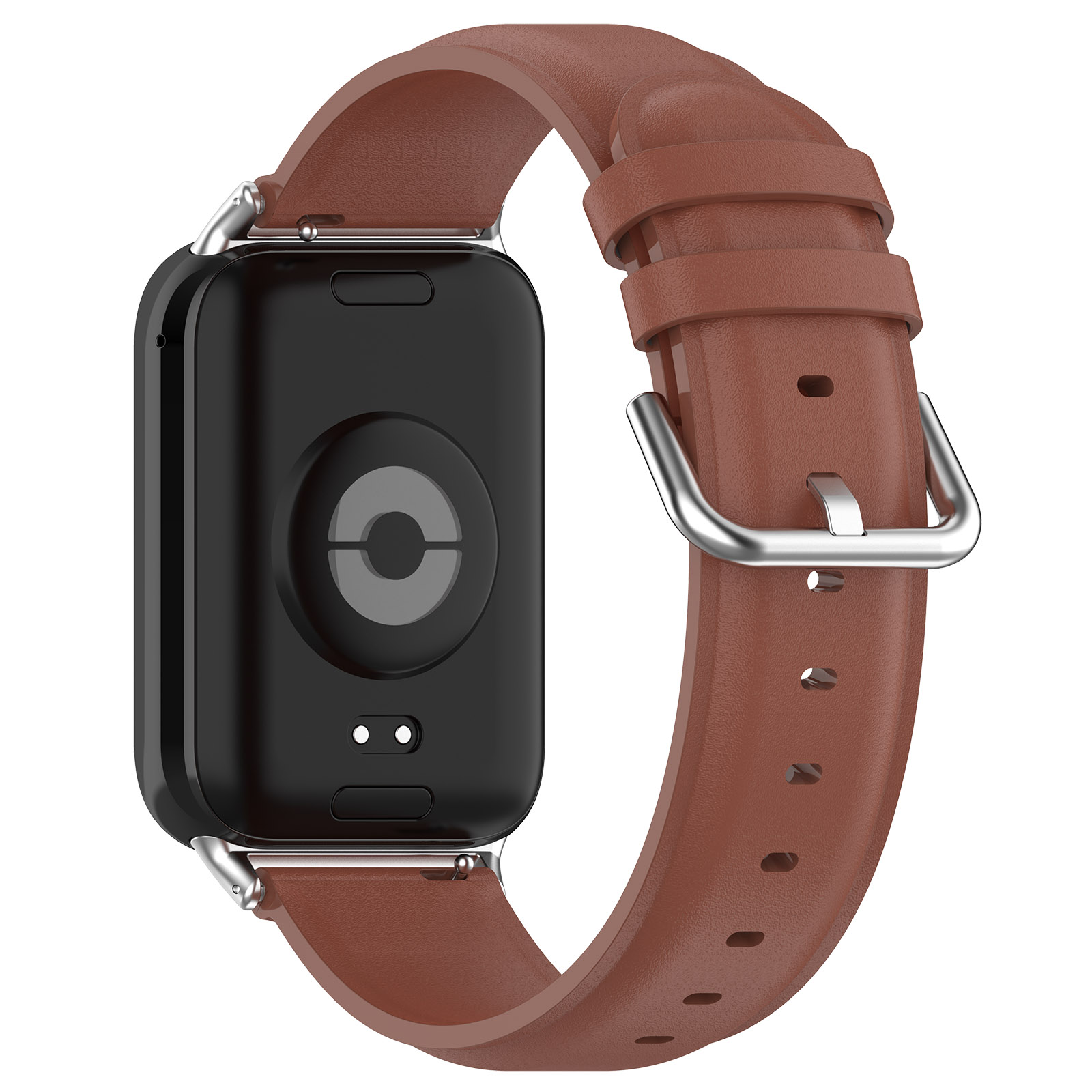 Eine schwarze und braune Smartwatch mit braunem Lederarmband.
