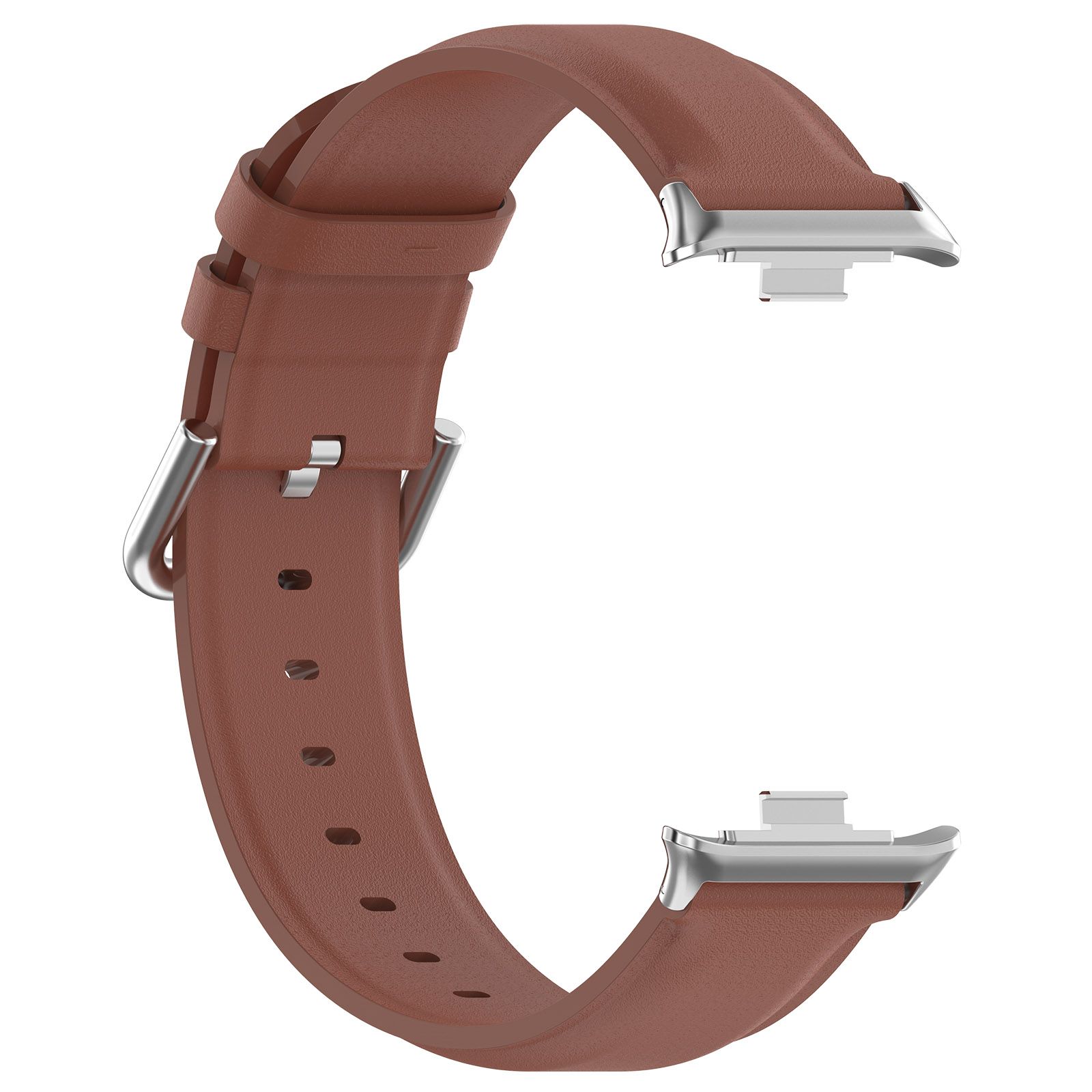 Braunes Uhrenarmband mit silbernen Verschlüssen. Das Armband ist gebogen und an beiden Enden offen.