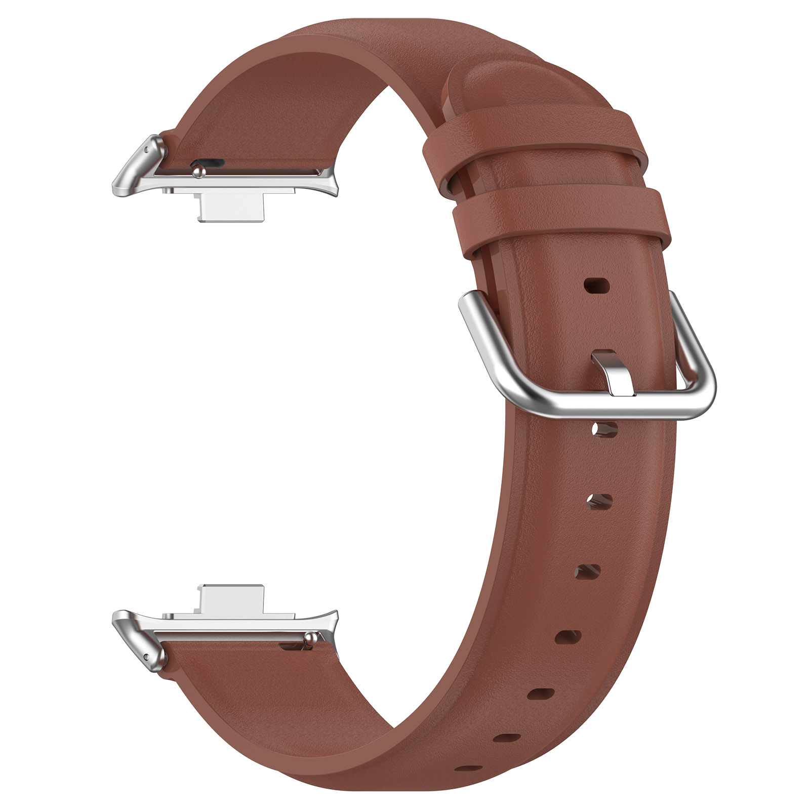 Braunes Leder-Uhrenarmband mit silberner Metallschnalle und Befestigungspunkten.